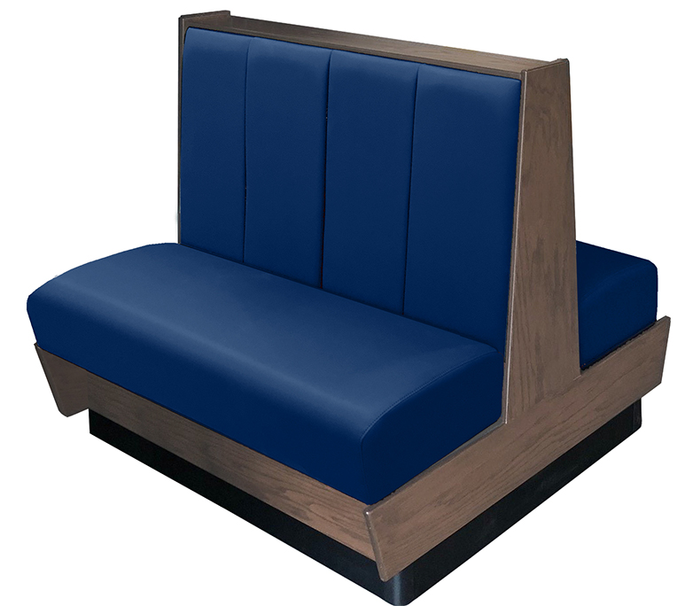 Kirkwood vinyl/upholstered wood booth stained in dove gray. Navy vinyl.