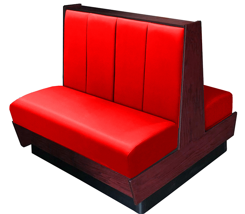 Kirkwood vinyl/upholstered wood booth stained in mahogany. Red vinyl.