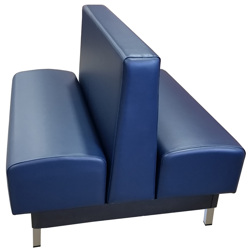Langworthy vinyl/upholstered restaurant booth with brushed aluminum legs and navy vinyl