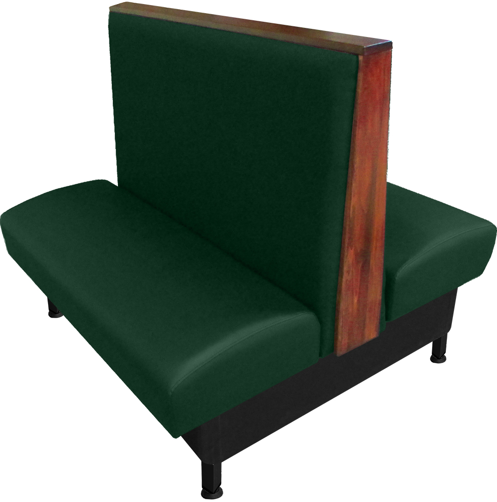 Martelle vinyl/upholstered restaurant booth with oak wood top & end cap stained in autumn haze. Hunter Green vinyl.