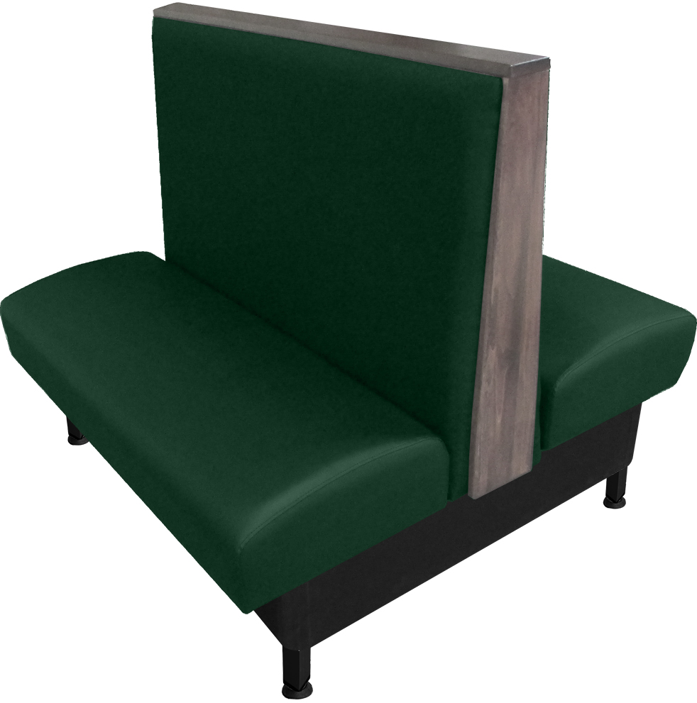 Martelle vinyl/upholstered restaurant booth with oak wood top & end cap stained in dove gray. Hunter green vinyl.