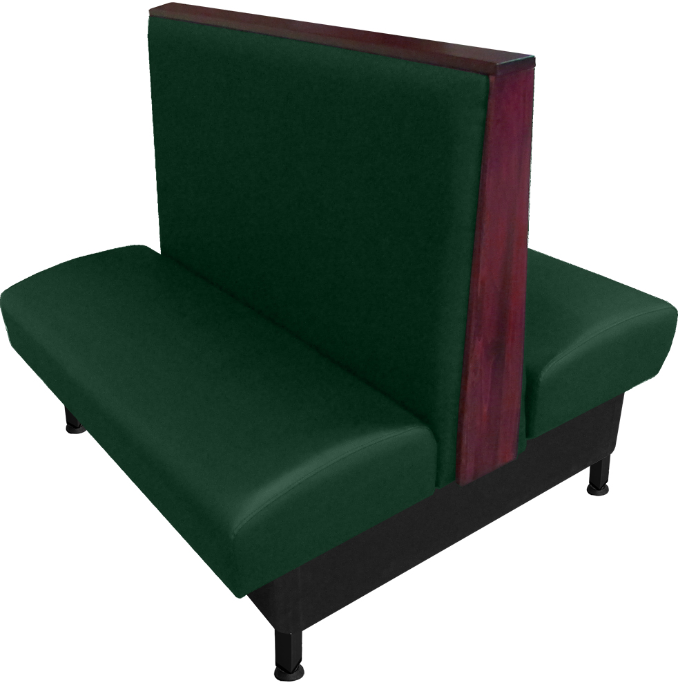 Martelle vinyl/upholstered restaurant booth with oak wood top & end cap stained in mahogany. Hunter green vinyl.