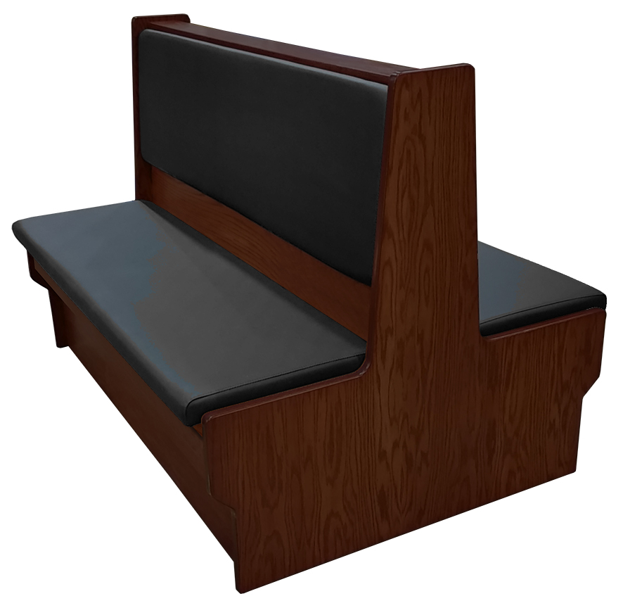 Shepard wood restaurant booth with American walnut stain, black vinyl seat & back