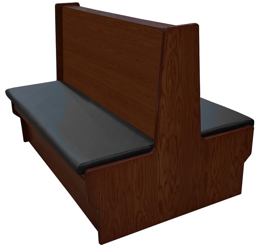 Shepard wood restaurant booth with American walnut stain, black vinyl seat and wood back