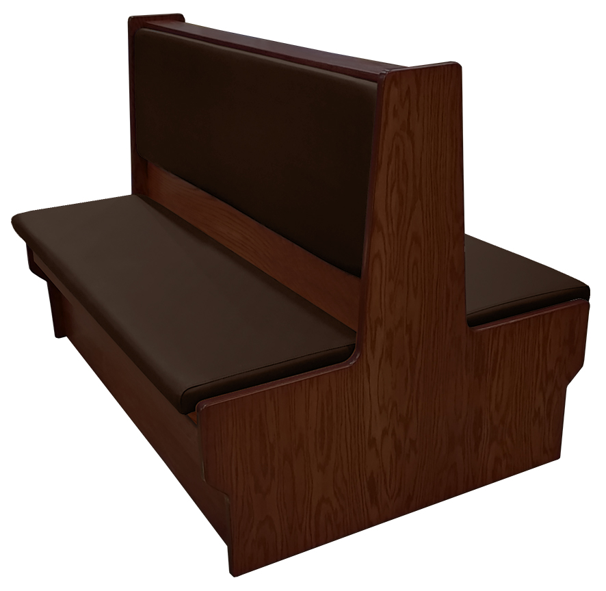 Shepard wood restaurant booth with American walnut stain, espresso vinyl seat & back
