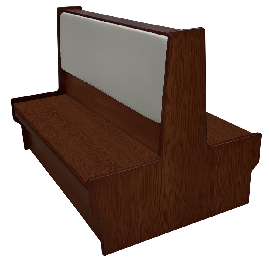 Shepard wood restaurant booth with American walnut stain, gray vinyl back & wood seat