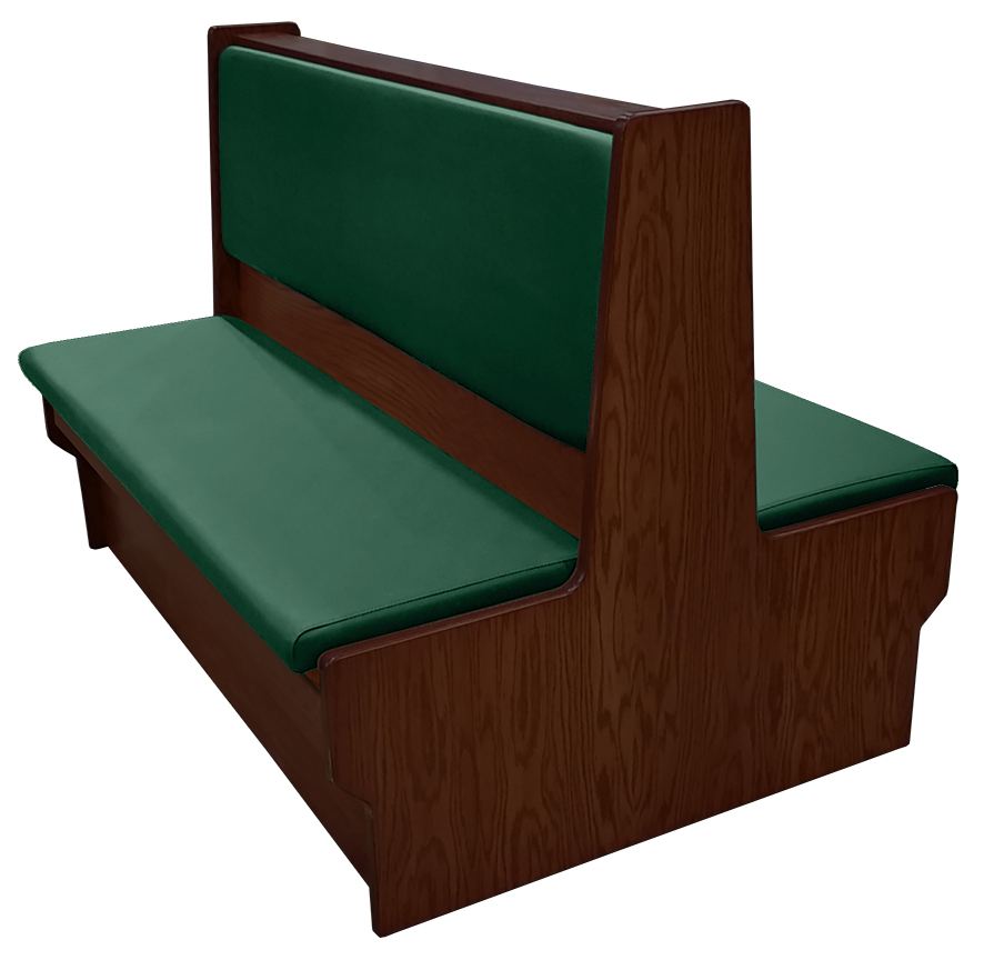Shepard wood restaurant booth with American walnut stain, hunter green vinyl seat & back