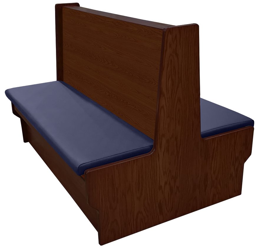 Shepard wood restaurant booth with American walnut stain, navy vinyl seat & wood back