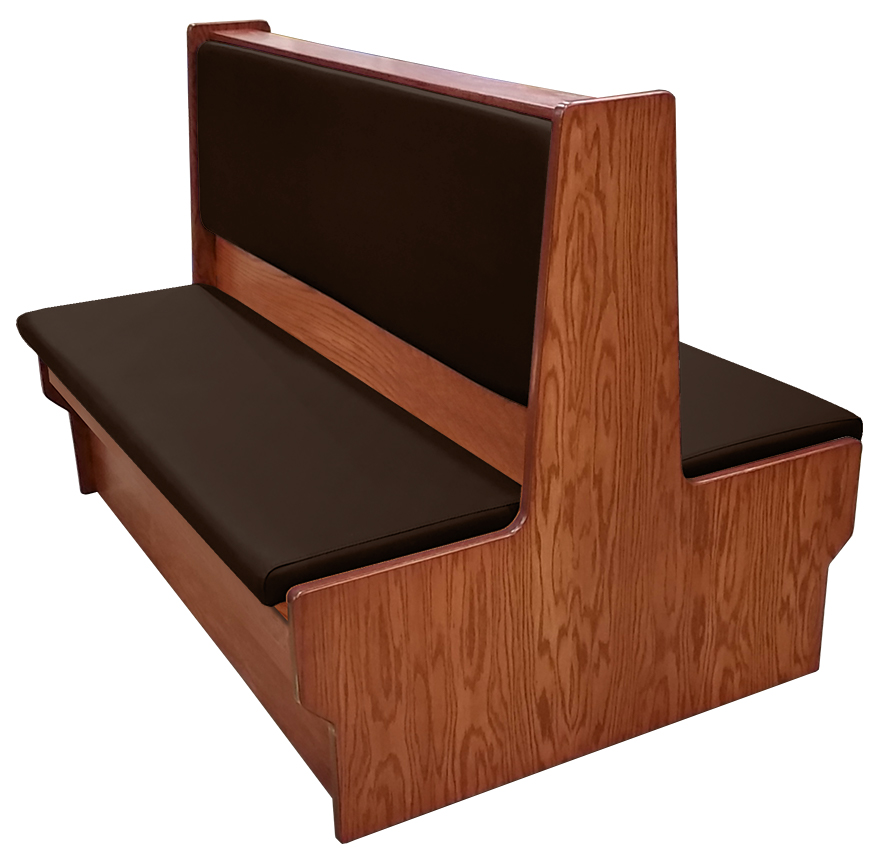Shepard wood restaurant booth with autumn haze stain, espresso vinyl seat & back