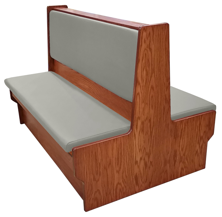 Shepard wood restaurant booth with autumn haze stain, gray vinyl seat & back