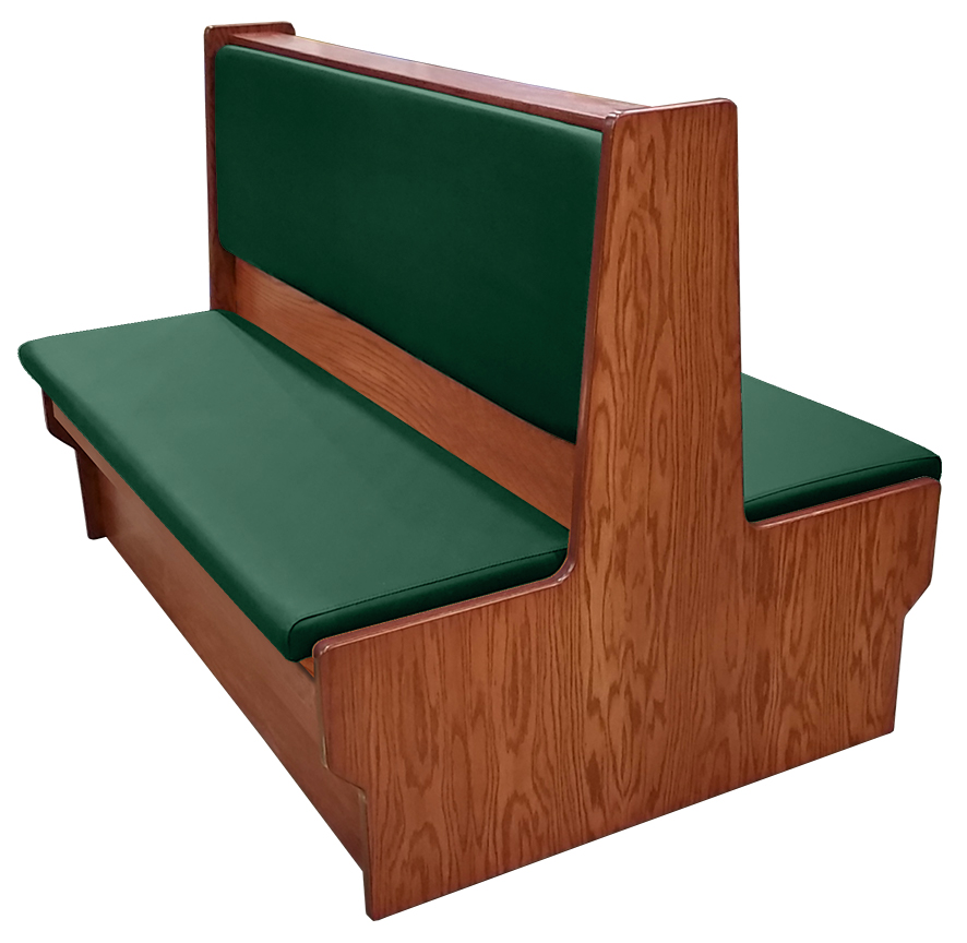 Shepard wood restaurant booth with autumn haze stain, hunter green vinyl seat & back
