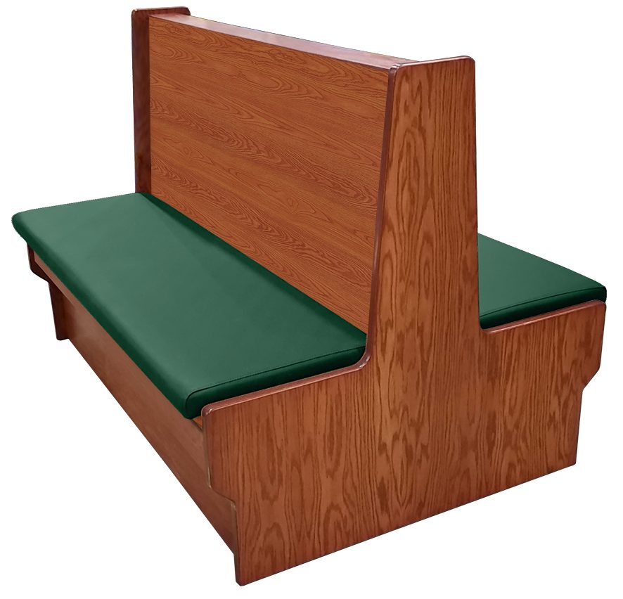 Shepard wood restaurant booth with autumn haze stain, hunter green vinyl seat & wood back