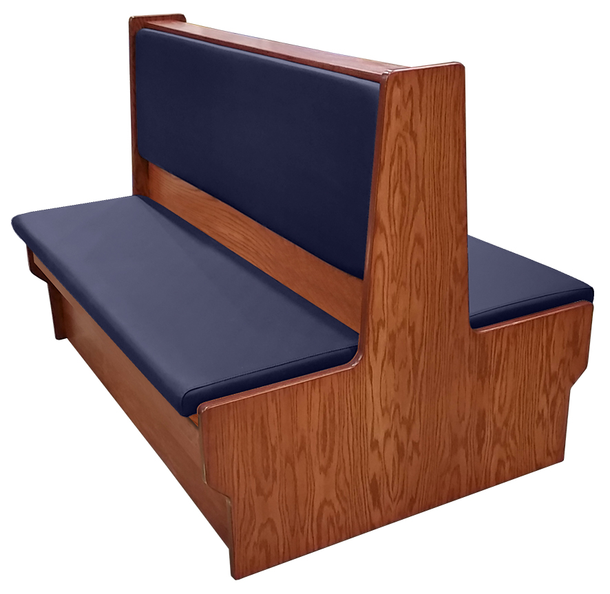 Shepard wood restaurant booth with autumn haze stain, navy vinyl seat & back