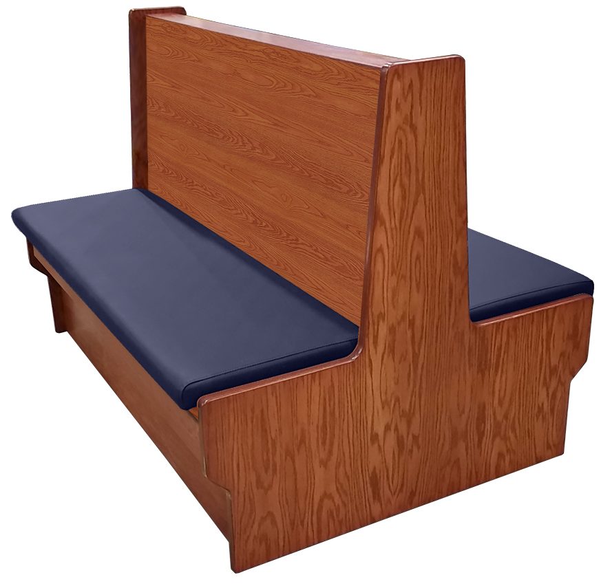 Shepard wood restaurant booth with autumn haze stain, navy vinyl seat & wood back