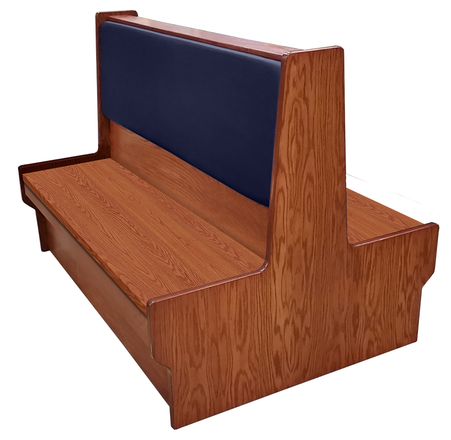 Shepard wood restaurant booth with autumn haze stain, navy vinyl back & wood seat