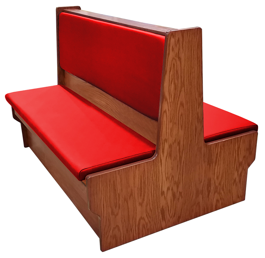 Shepard wood restaurant booth with autumn haze stain, red vinyl seat & back