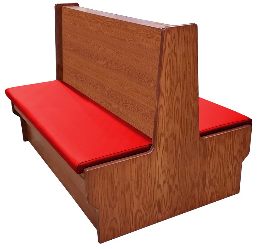Shepard wood restaurant booth with autumn haze stain, red vinyl seat & wood back
