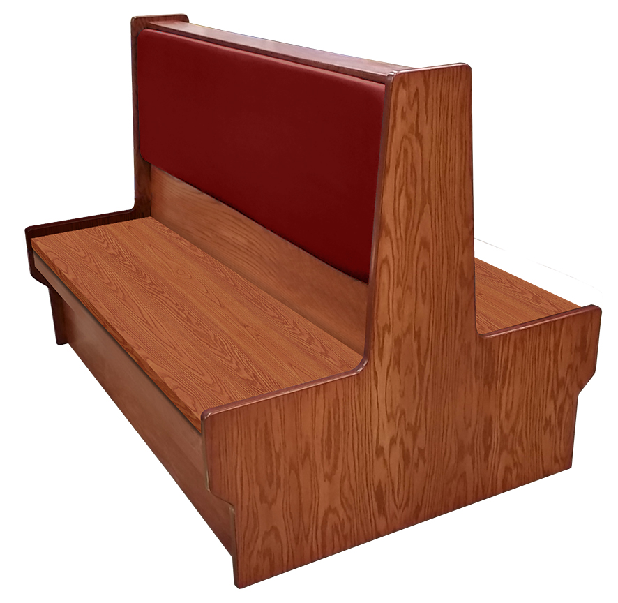 Shepard wood restaurant booth with autumn haze stain, wine vinyl back & wood seat