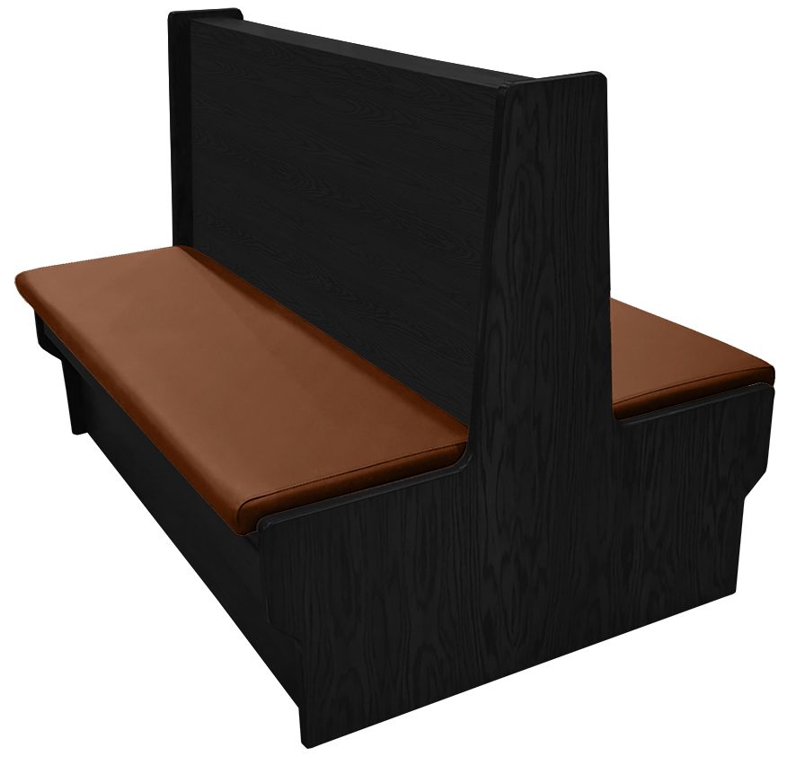 Shepard wood restaurant booth with black stain, chestnut vinyl seat & wood back