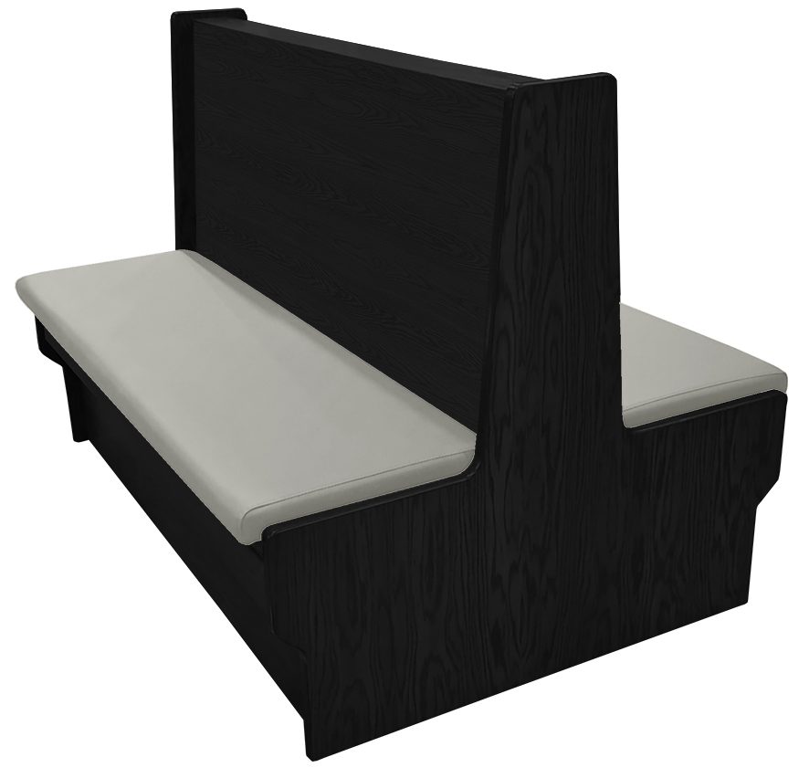 Shepard wood restaurant booth with black stain, gray vinyl seat & wood back