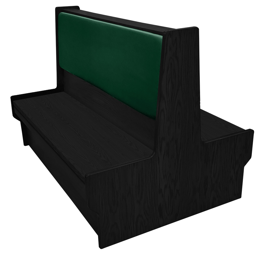 Shepard wood restaurant booth with black stain, hunter green vinyl back & wood seat