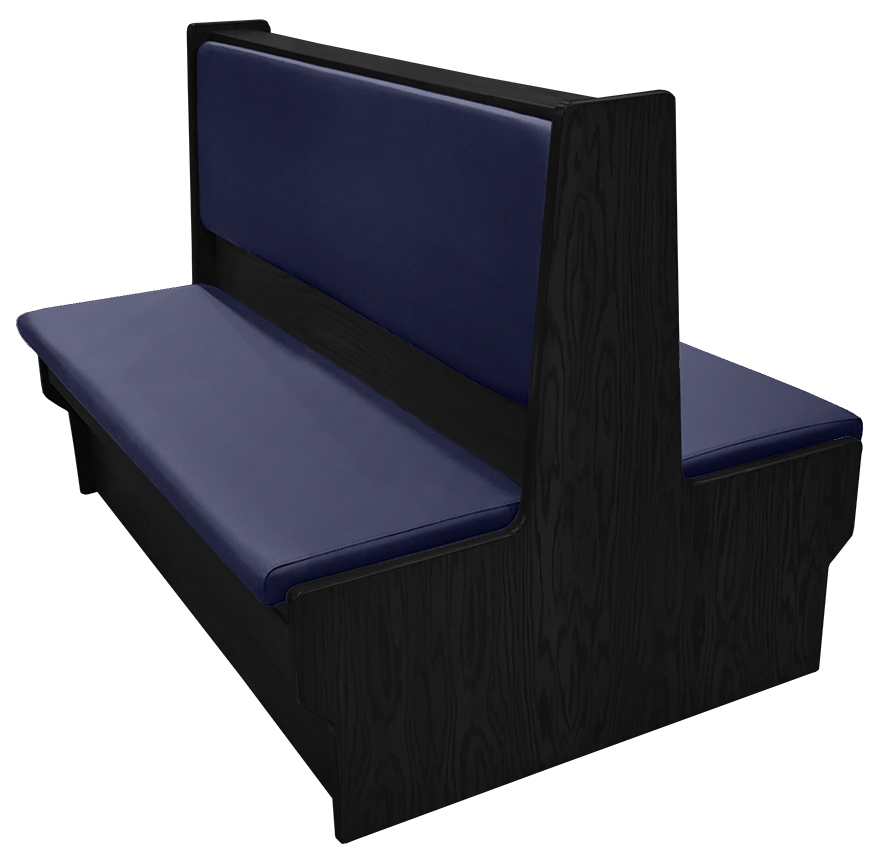 Shepard wood restaurant booth with black stain, navy vinyl seat & back
