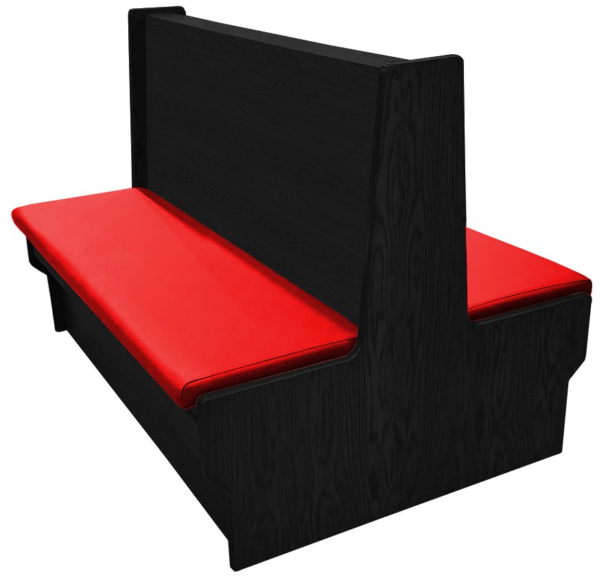 Shepard wood restaurant booth with black stain, red vinyl seat & wood back