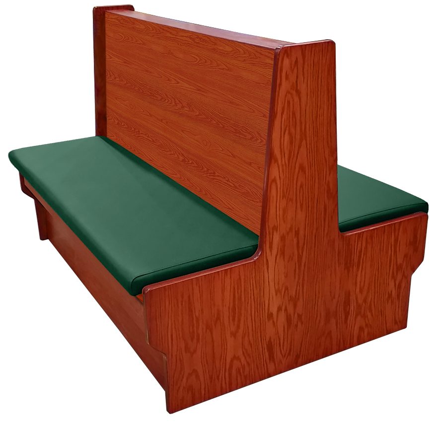 Shepard wood restaurant booth with cherry stain, hunter green vinyl seat & wood back