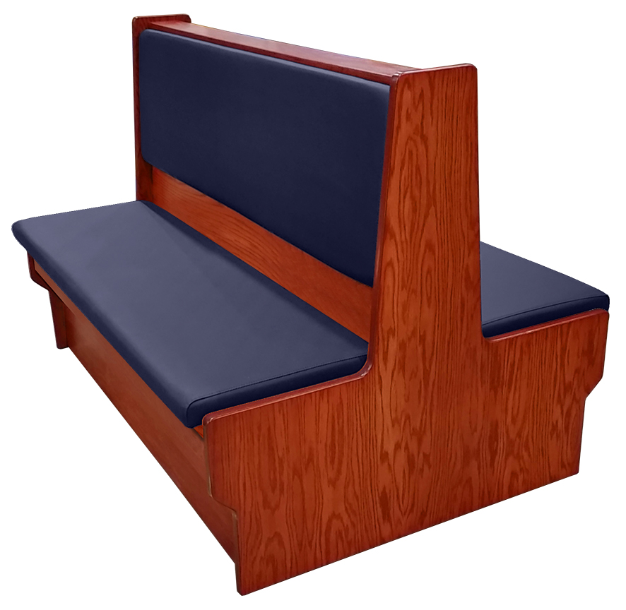 Shepard wood restaurant booth with cherry stain, navy vinyl seat & back