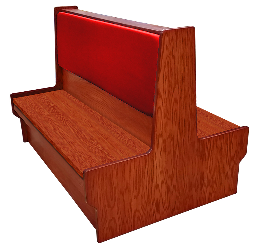 Shepard wood restaurant booth with cherry stain, red vinyl back & wood seat
