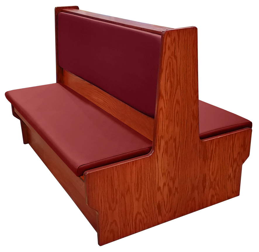 Shepard wood restaurant booth with cherry stain, wine vinyl seat & back