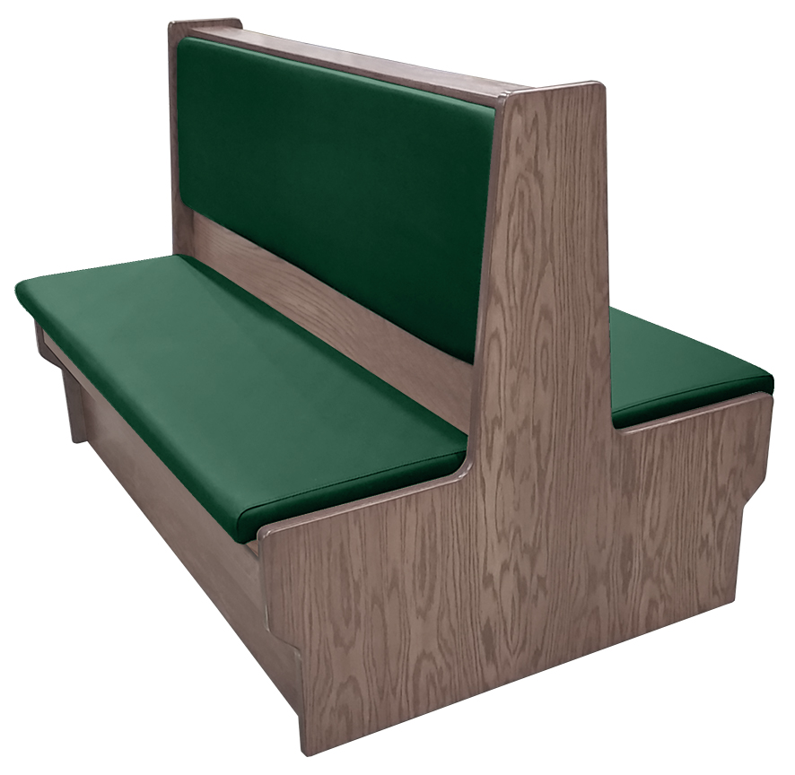 Shepard wood restaurant booth with dove gray stain, hunter green vinyl seat & back