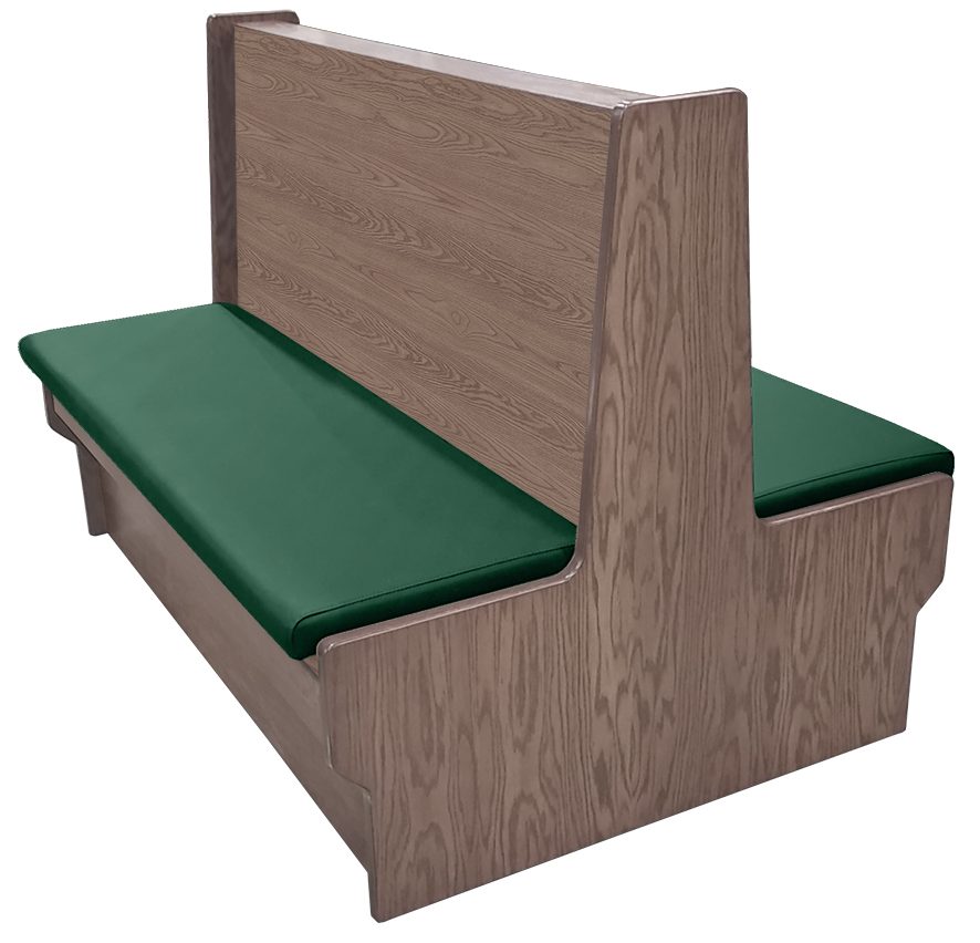 Shepard wood restaurant booth with dove gray stain, hunter green vinyl seat & wood back