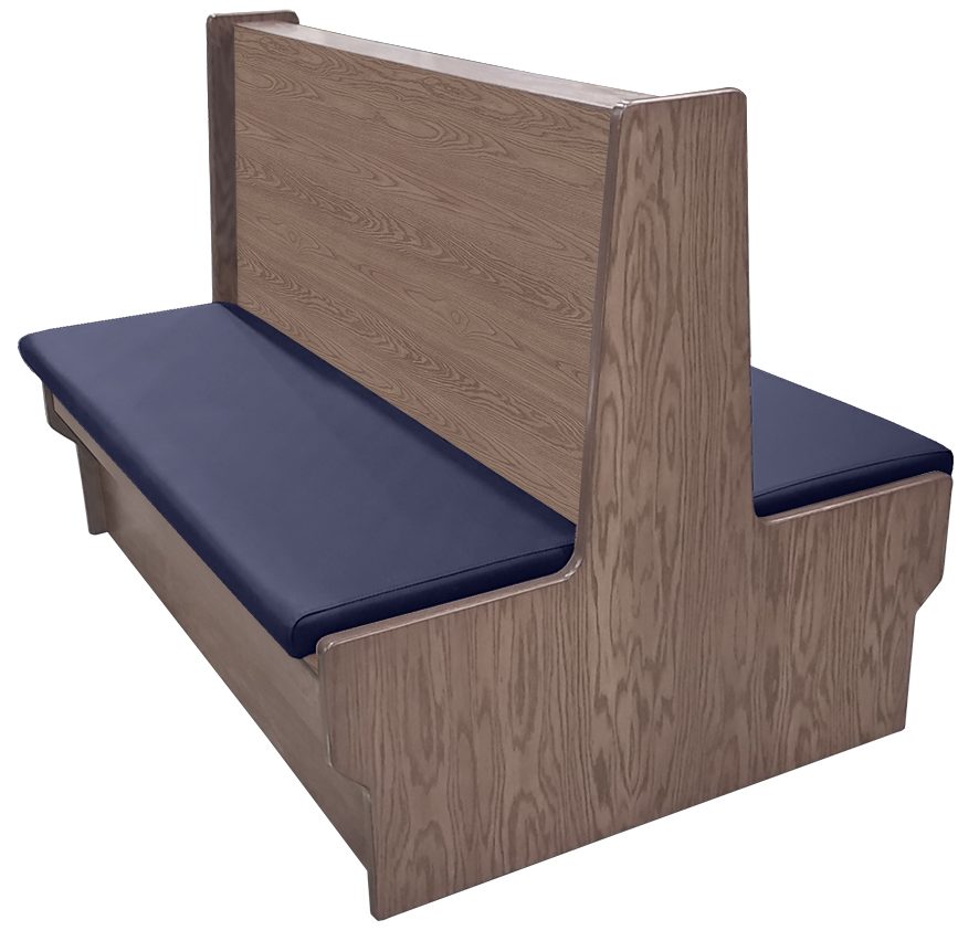 Shepard wood restaurant booth with dove gray stain, navy vinyl seat & wood back
