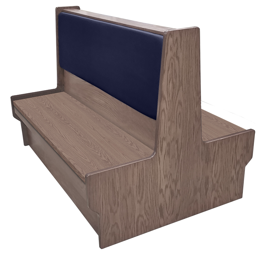 Shepard wood restaurant booth with dove gray stain, navy vinyl back & wood seat