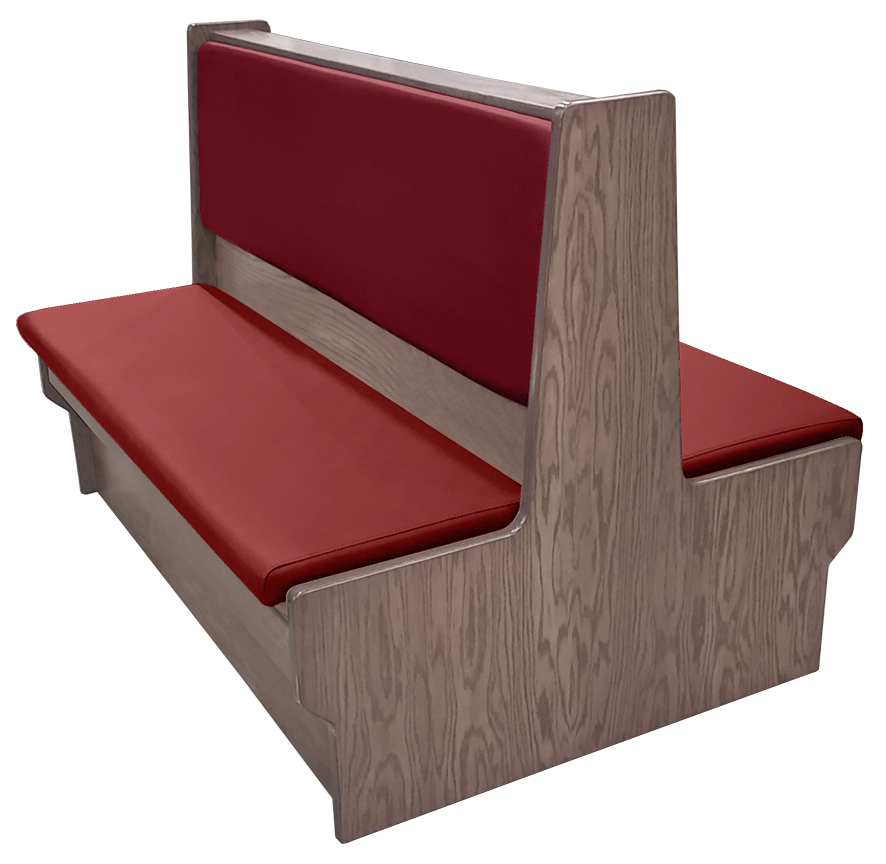 Shepard wood restaurant booth with dove gray stain, wine vinyl seat & back