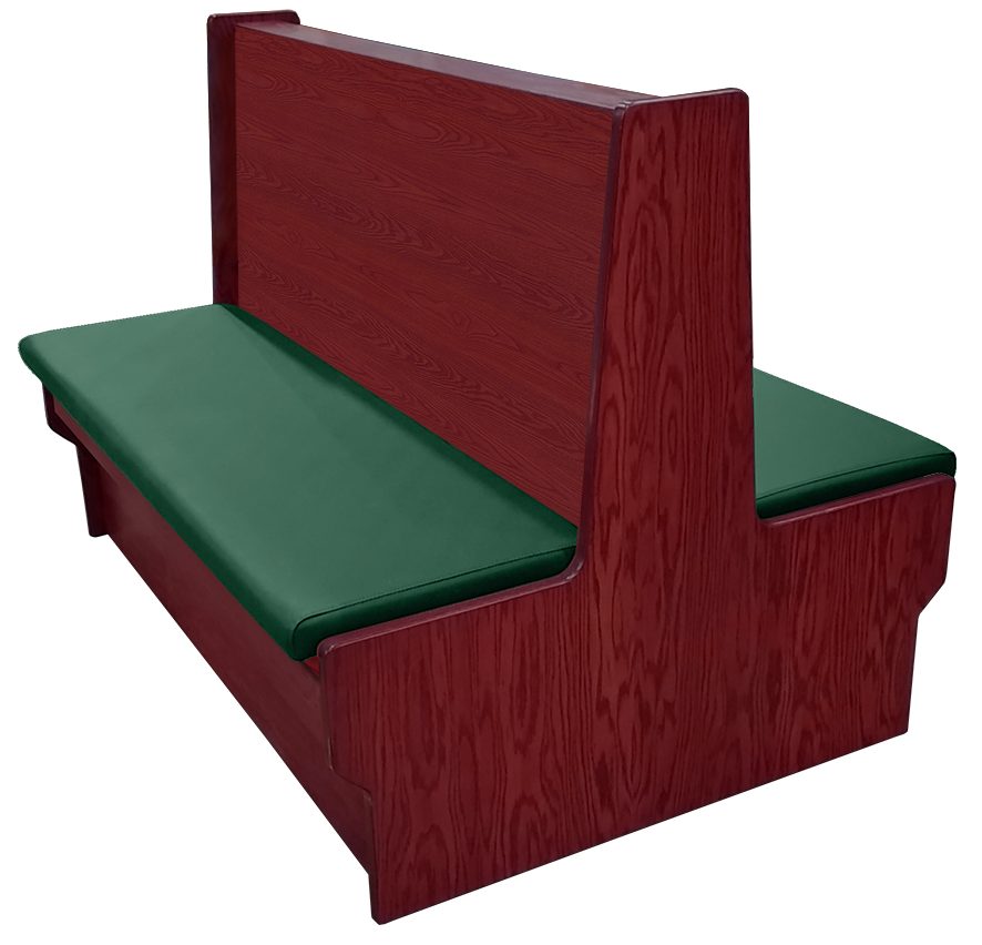 Shepard wood restaurant booth with mahogany stain, hunter green vinyl seat & wood back