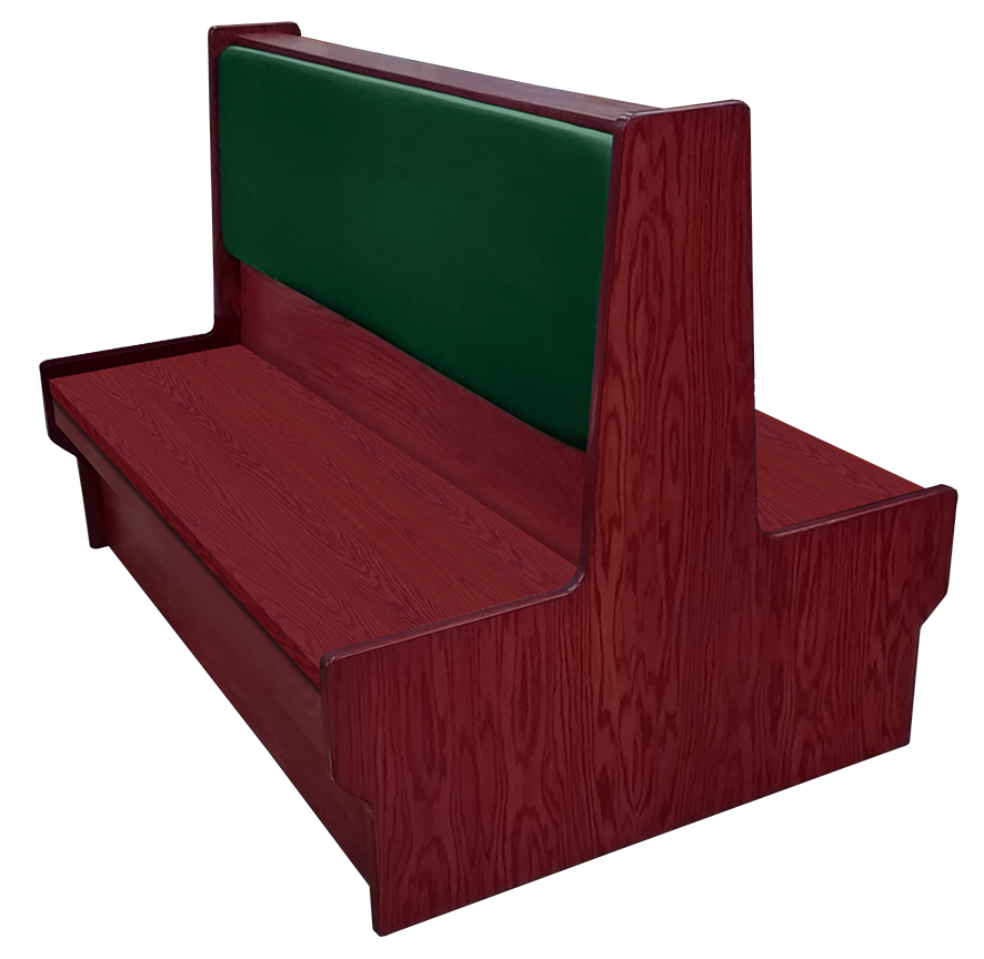 Shepard wood restaurant booth with mahogany stain, hunter green vinyl back & wood seat