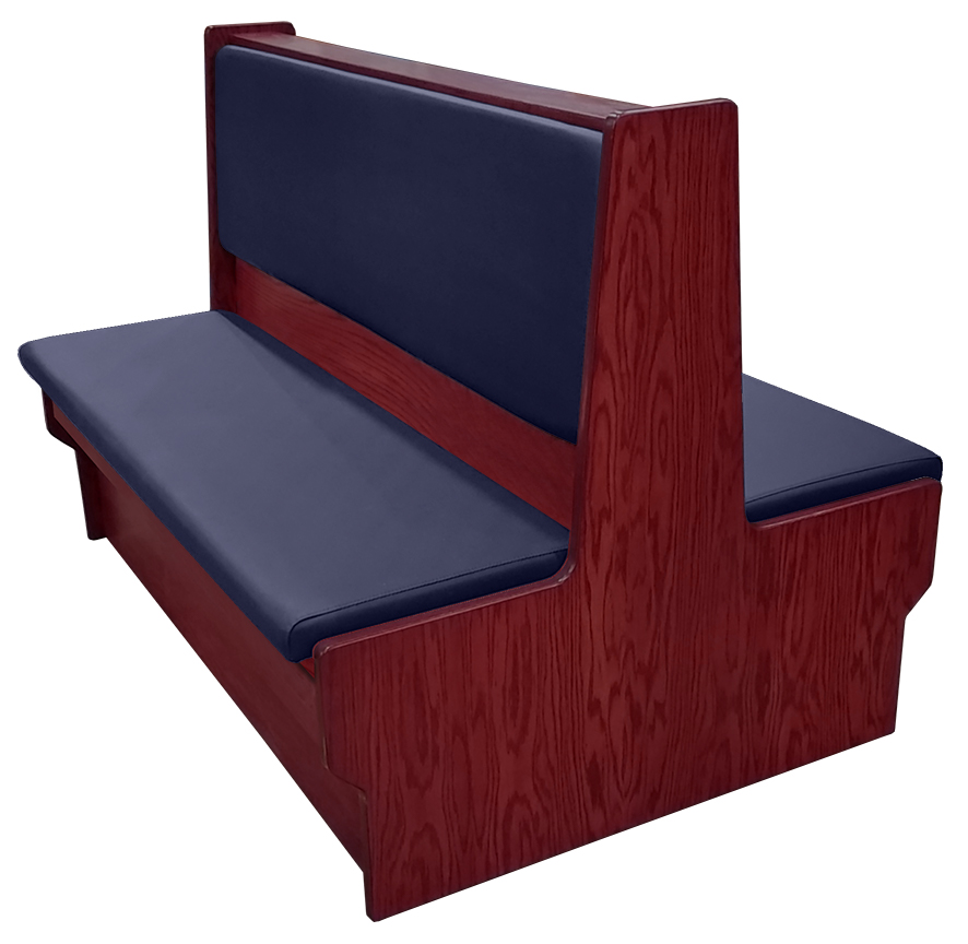 Shepard wood restaurant booth with mahogany stain, navy vinyl seat & back