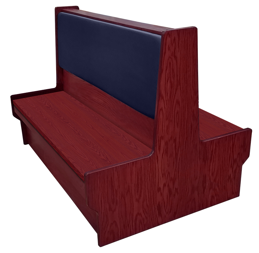 Shepard wood restaurant booth with mahogany stain, navy vinyl back & wood seat