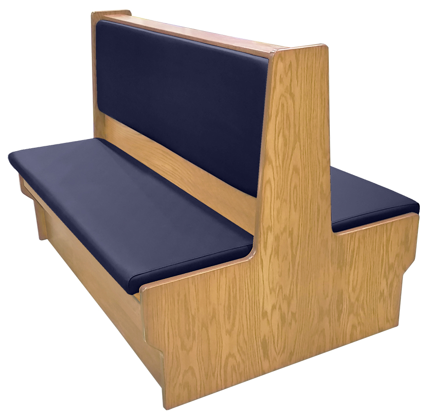 Shepard wood restaurant booth with natural clear coat stain, navy vinyl seat & back