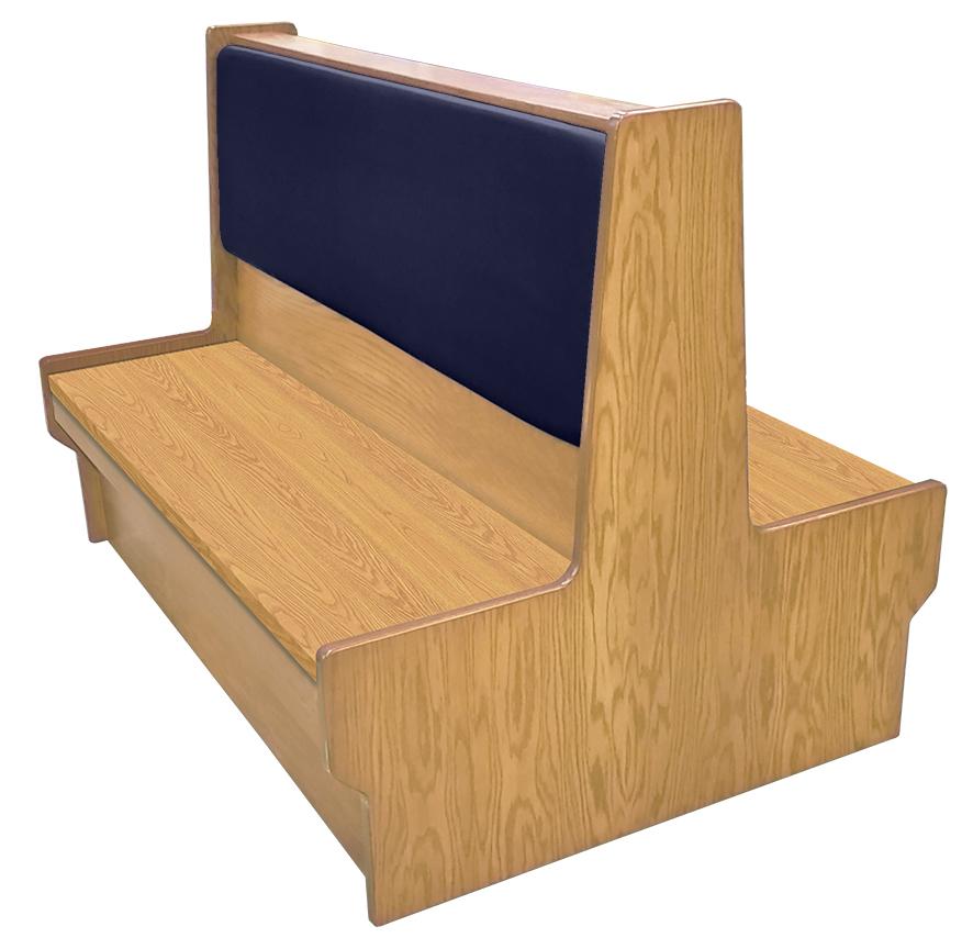 Shepard wood restaurant booth with natural clear coat stain, navy vinyl back & wood seat