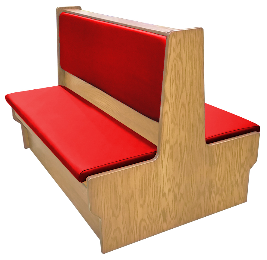Shepard wood restaurant booth with natural clear coat stain, red vinyl seat & back
