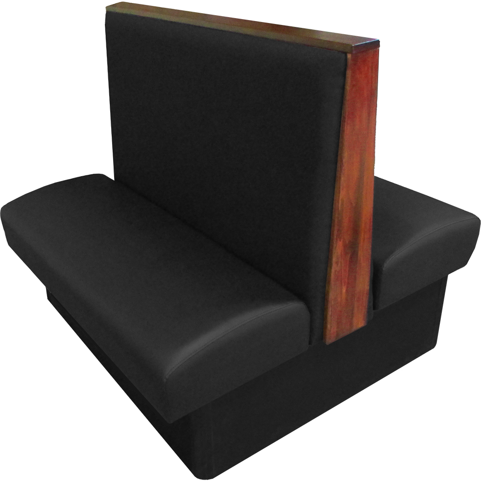 Simpson vinyl/upholstered restaurant booth with wood top/end cap in autumn haze stain and black vinyl