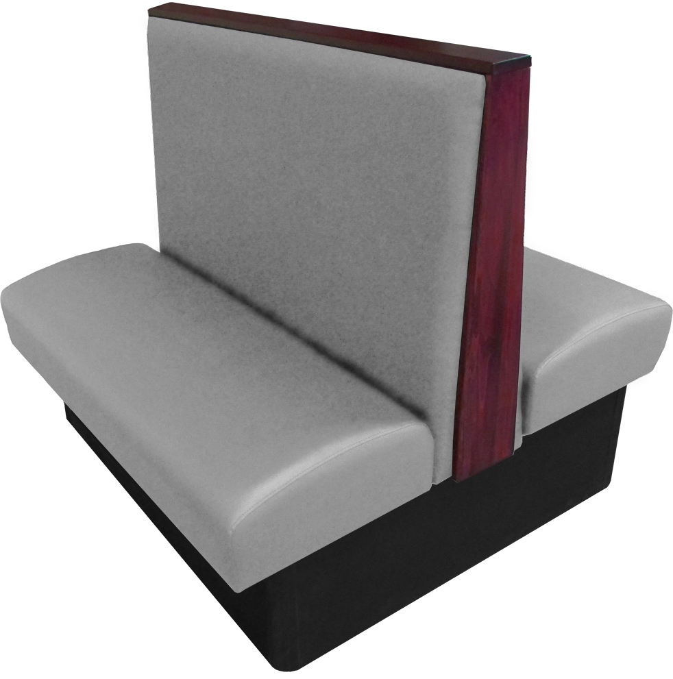 Simpson vinyl/upholstered restaurant booth with wood top/end cap in mahogany stain and gray vinyl