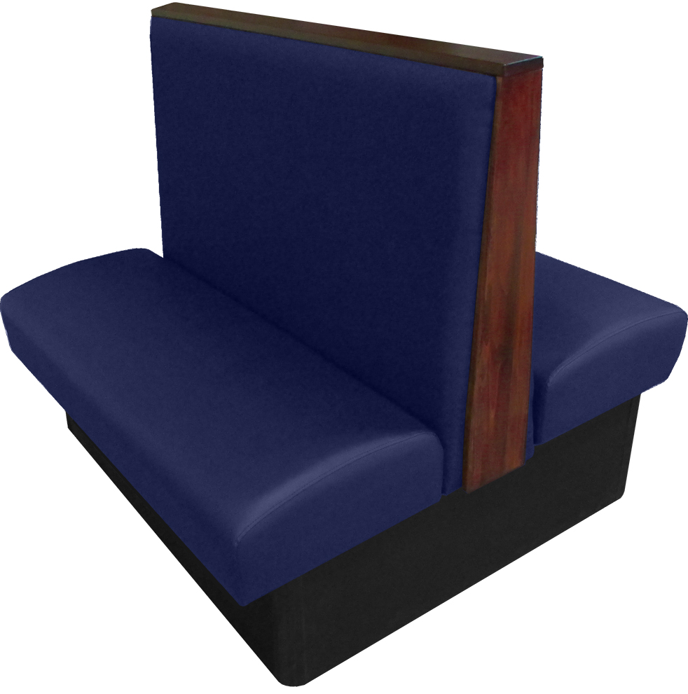Simpson vinyl/upholstered restaurant booth with wood top/end cap in mahogany stain and navy vinyl