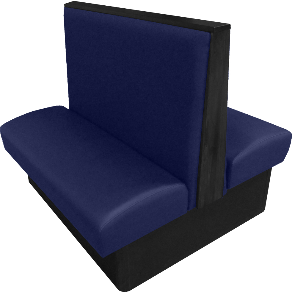 Simpson vinyl/upholstered restaurant booth with wood top/end cap in black stain and navy vinyl