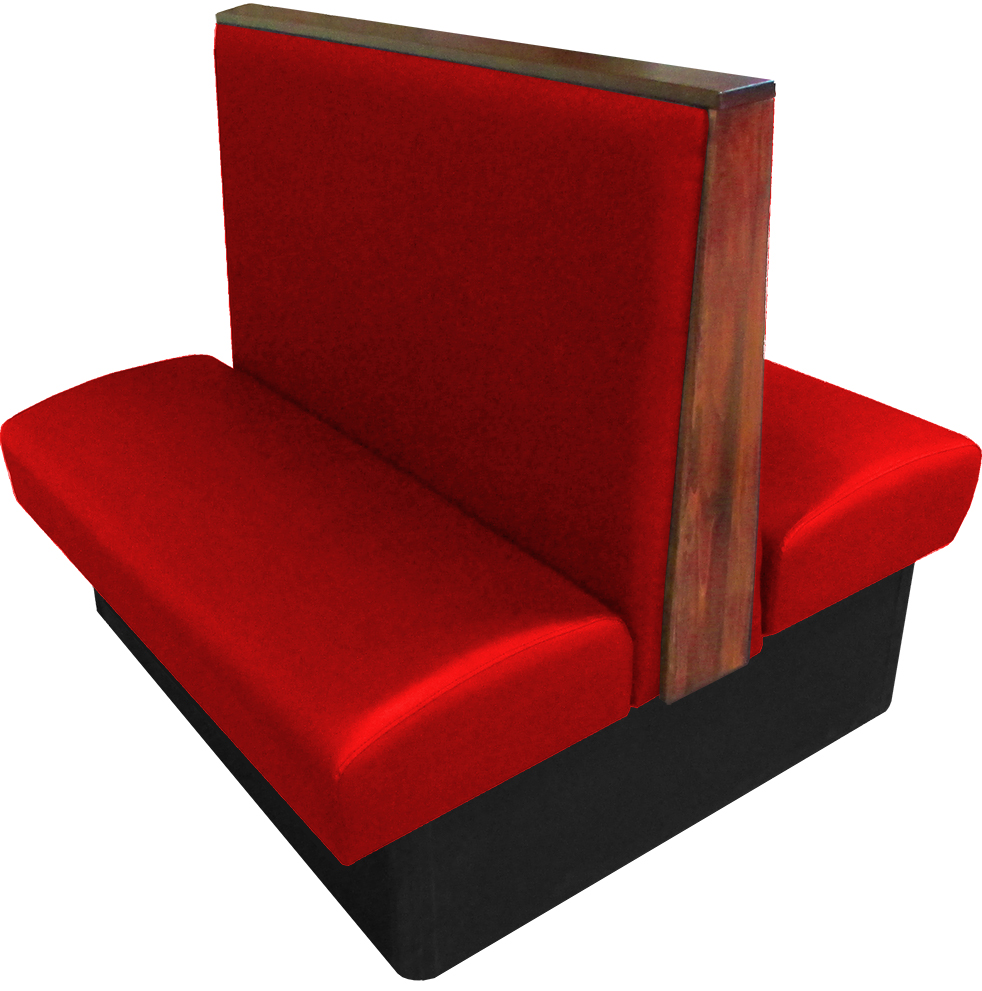 Simpson vinyl/upholstered restaurant booth with wood top/end cap in autumn haze stain and red vinyl