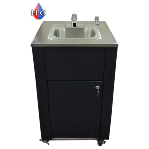 Portable washing station face on hands free faucet hot cold web