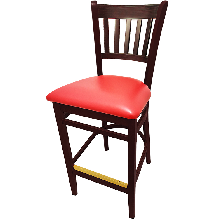 WB102MH-RED Verticalback Barstool with Solid Wood Frame in Mahogany stain with red vinyl seat